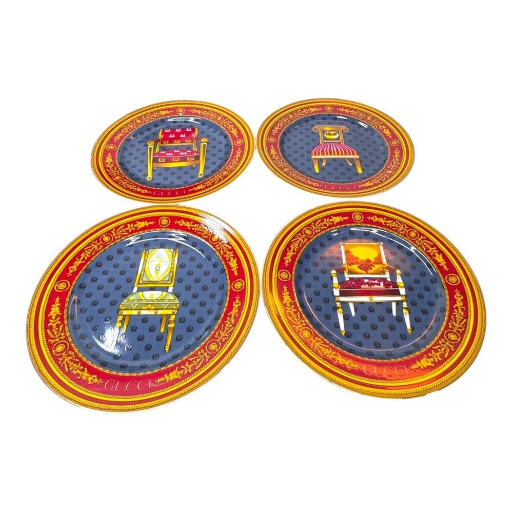 Set Of 4 GUCCI PORCELLANA Gold Accented Chair Plates 8.25" Limited Edition Auth